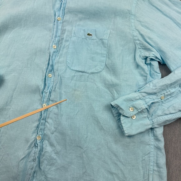 Lacoste Shirt Men 45 XL/2XL Blue 100% Linen Long Sleeve Button Up Crocodile Logo - Picture 6 of 12